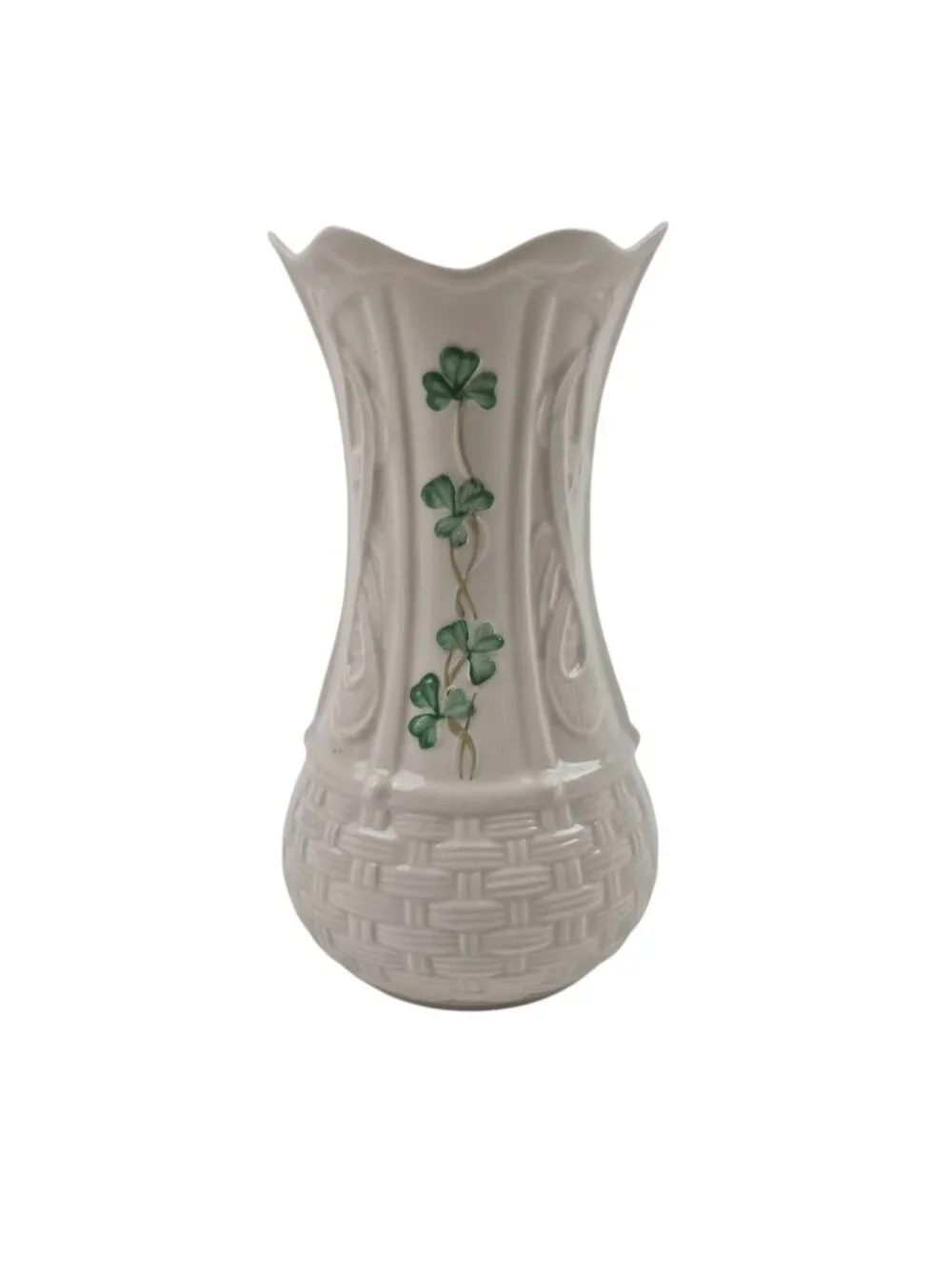 Belleek Shamrock Kells Vase Porcelain 6 in Basketweave Green Mark Vintage